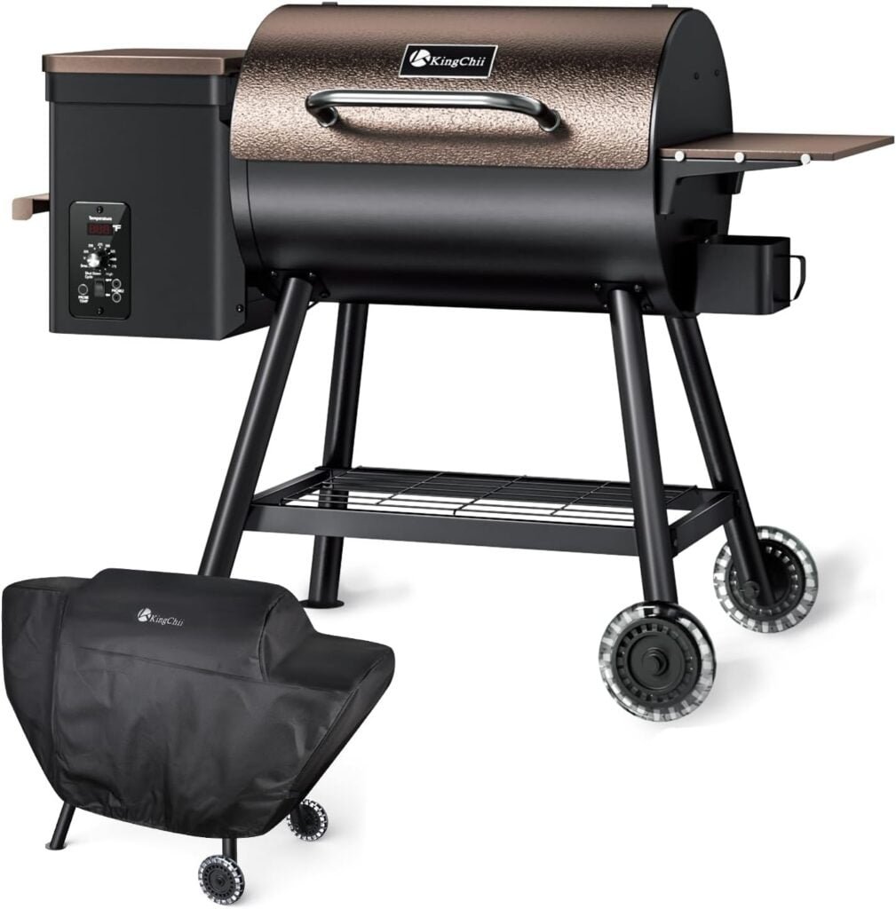 KingChii 456 SQ.IN Pellet Grill Smoker with Side Shelf, BBQ Grill with PID Temperature Control for Outdoor Cooking, BBQ Camping and Patio, Brown(Cover Including) KingChii 456 SQ.IN Pellet Grill Smoker with Side Shelf, BBQ Grill with PID Temperature Control for Outdoor Cooking, BBQ Camping and Patio, Brown(Cover Including)