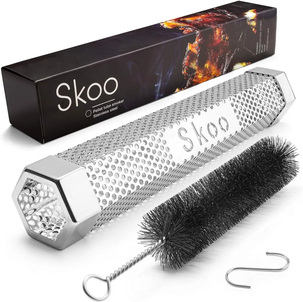 Skoo Pellet Smoker - BBQ Hexagonal Smoking Tube + Brush + Hook + Free EBook + Digital User Guide - 5 Hours of Billowing Smoke - For Electric, Gas, Charcoal Grills or Smokers