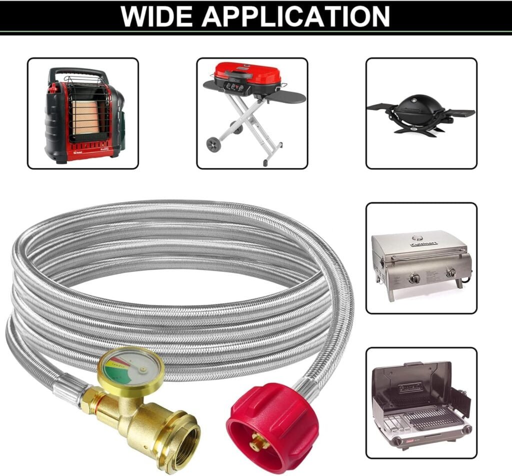 Upgraded 12 FT Propane Tank Extension Hose Braided with Gauge,Include Tank Adapter Converts POL 100 lb LP Tank to QCC1 for Gas Grill, Stove and More Propane Appliances