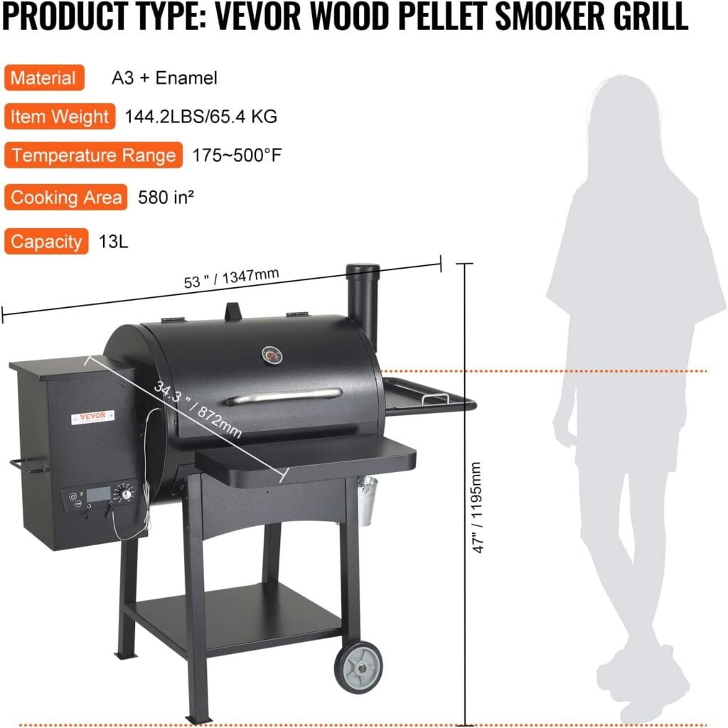 VEVOR Smoker Pellet Grill,Portable Wood Pellet Grill with Cart for Outdoor Cooking, Barbecue Camping,Picnic,Patio and Backyard,580 sq,Black