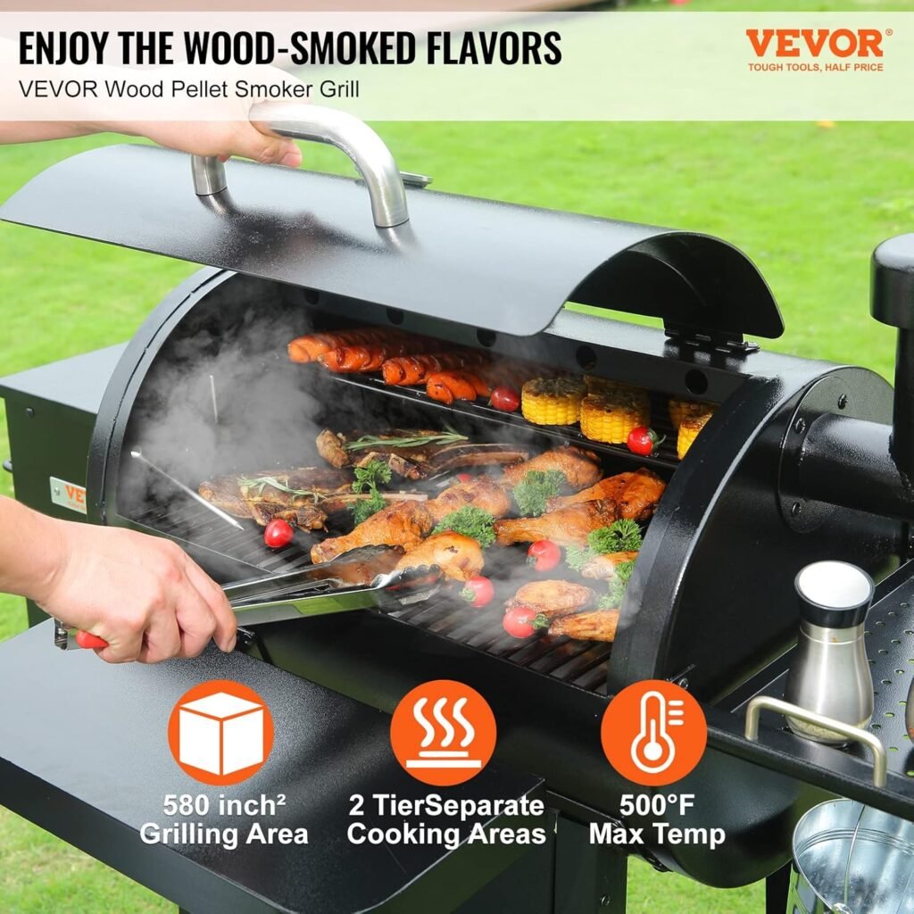 VEVOR Smoker Pellet Grill,Portable Wood Pellet Grill with Cart for Outdoor Cooking, Barbecue Camping,Picnic,Patio and Backyard,580 sq,Black