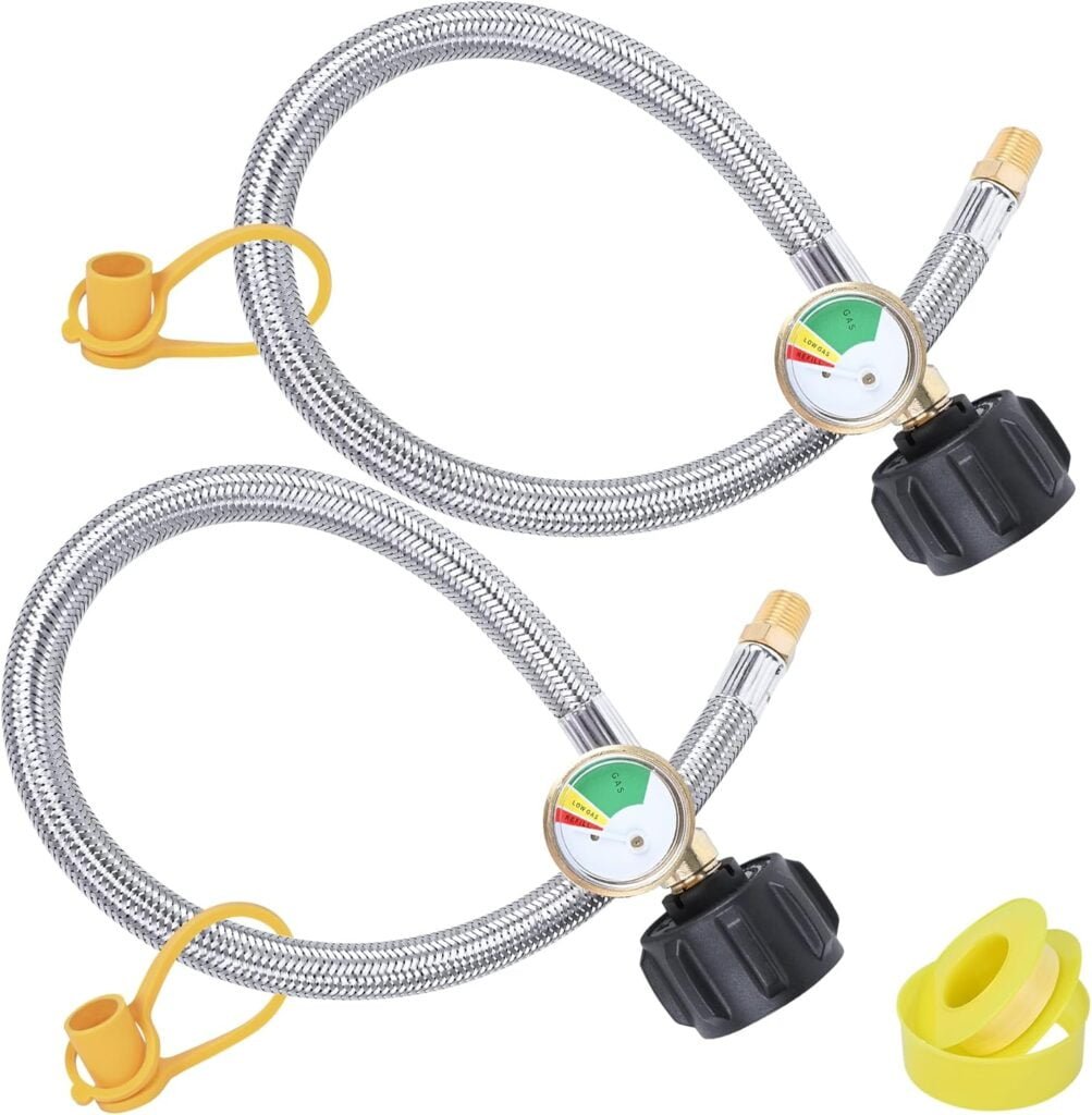 15 in RV Propane Hoses with Gauge, Stainless Steel Braided Camper Tank Hose,Propane Pigtail Hose Line for Camper Standard Dual Stage Regulator,1/4-Inch Male,40Lb 250PSI,NPT x QCC1 Fittings. 15 in RV Propane Hoses with Gauge, Stainless Steel Braided Camper Tank Hose,Propane Pigtail Hose Line for Camper Standard Dual Stage Regulator,1/4-Inch Male,40Lb 250PSI,NPT x QCC1 Fittings.