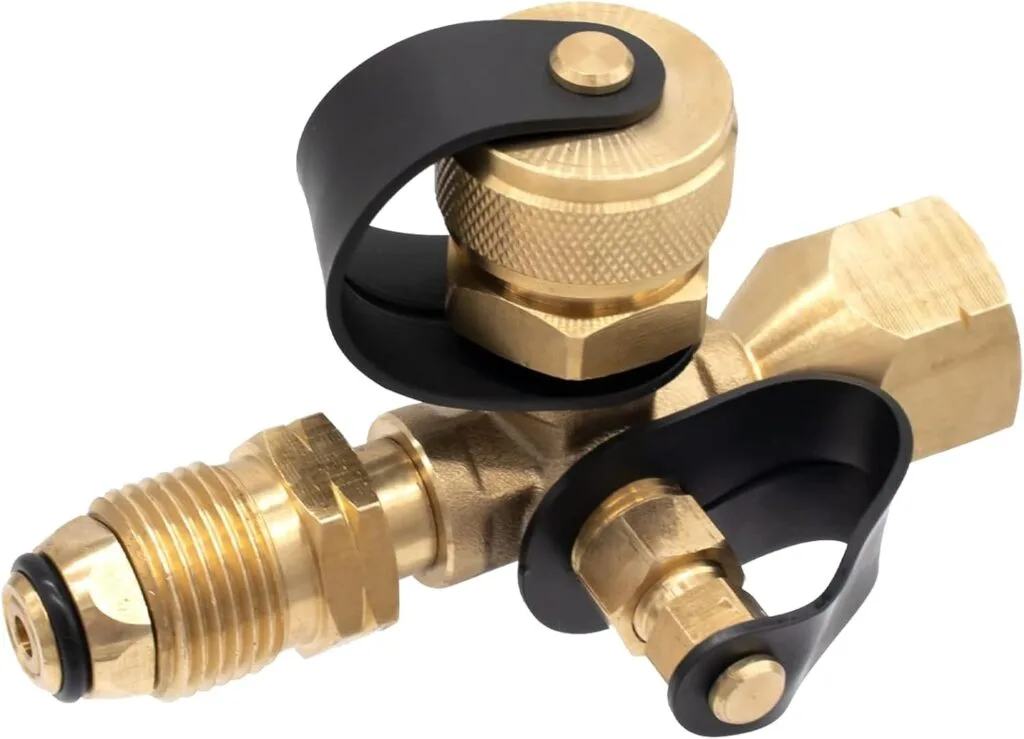4 Port Propane Brass Tee Adapter Kit Propane Tank Tee Connector RV External Propane Tank Adapter Propane Distribution Tree for RV Propane Tank Accessories, Propane Tank Regulator with POL Connector