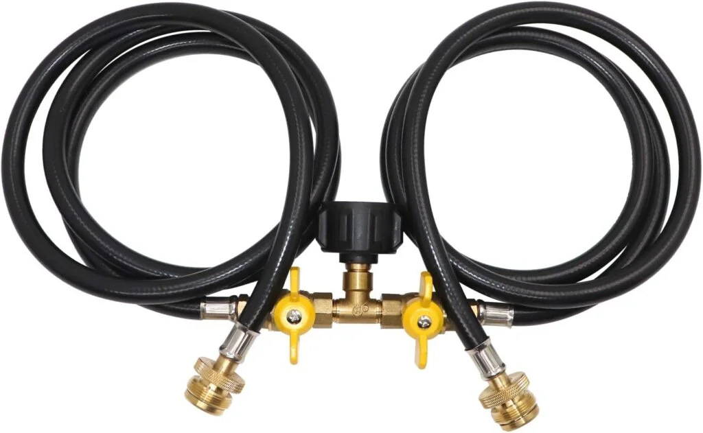 5ft Propane 2 Way Splitter Adapter Hose 1 lb to 20 lb Converter with Shut Off Valve, Propane Hose Adapter 1lb Portable Appliance to QCC1/Type1 5-40lb Tank for Camping Stove, Gas Grill, Portable Heater