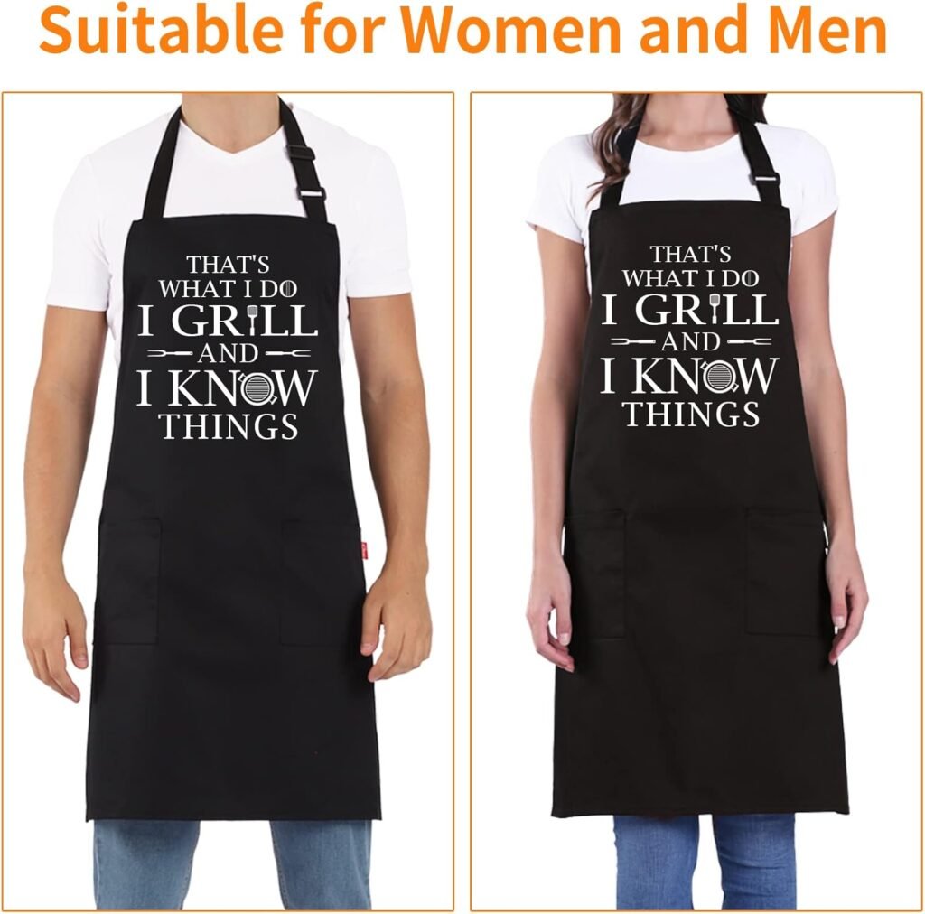 BBQ Funny Apron for Men, Chef Bib Apron with 2 Pockets, Adjustable Neck Strap and 40 Long Ties - Best for Kitchen Cooking, Grilling, Baking, Gardening - Black