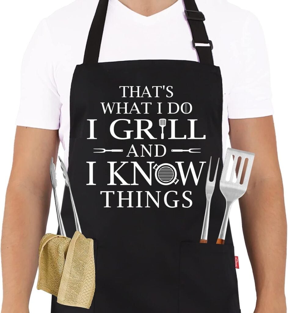 BBQ Funny Apron for Men, Chef Bib Apron with 2 Pockets, Adjustable Neck Strap and 40 Long Ties - Best for Kitchen Cooking, Grilling, Baking, Gardening - Black