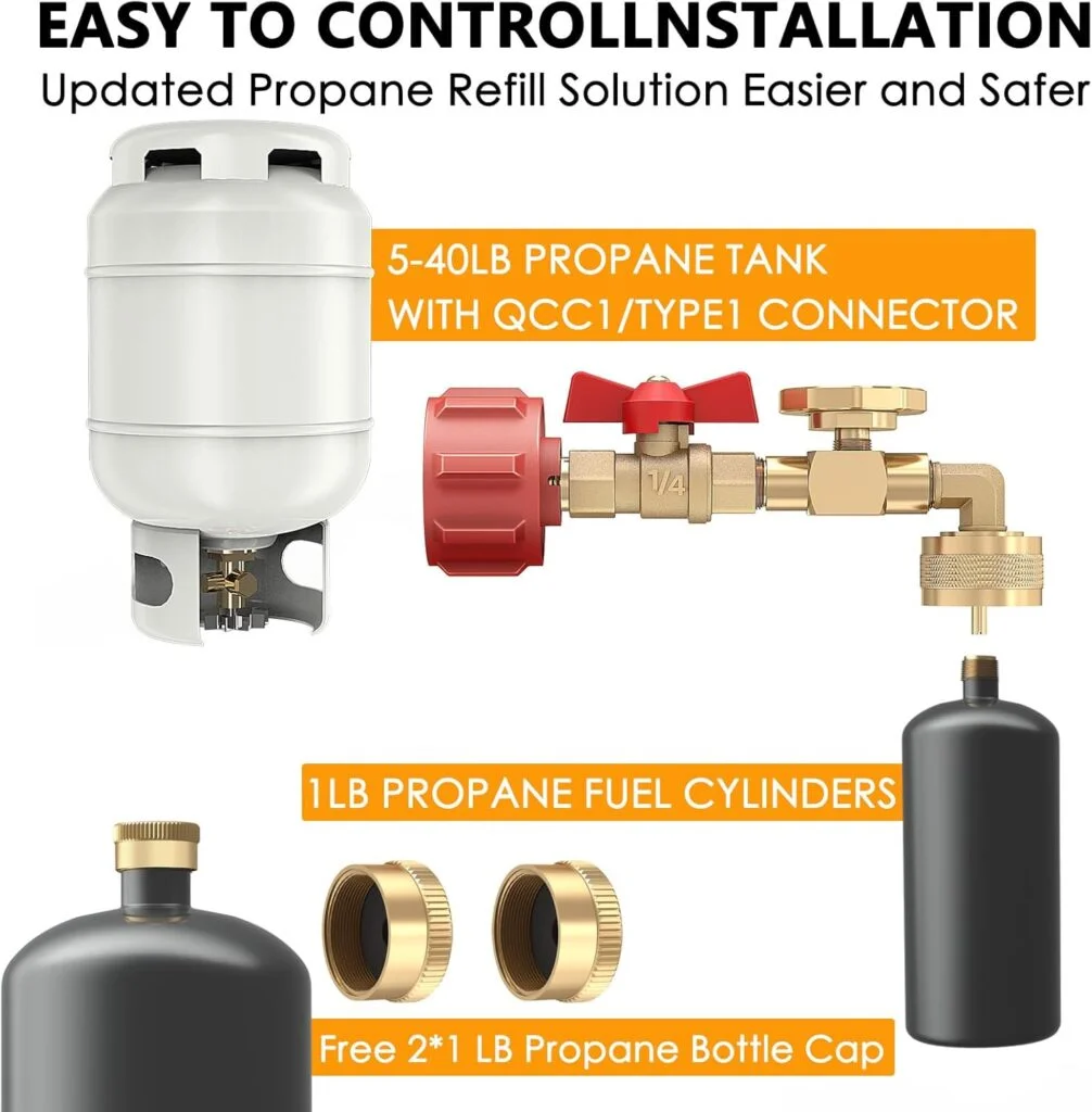 Propane Refill Elbow Adapter 1lb to 20lb, QCC1 Propane Refill Elbow Adapter with Gauge and ON-Off Control Valve for Camping Grill 1LB Propane Tank to Be Refilled Gas from 5~40 LB Propane Tank