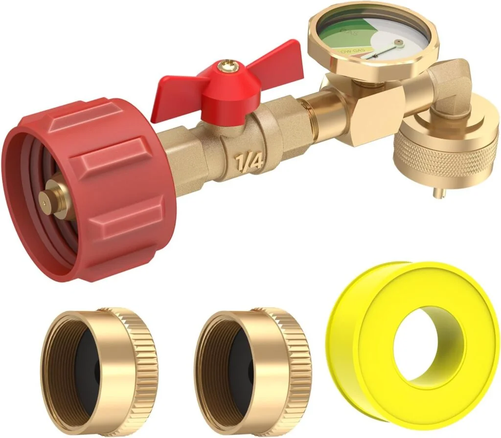 Propane Refill Elbow Adapter 1lb to 20lb, QCC1 Propane Refill Elbow Adapter with Gauge and ON-Off Control Valve for Camping Grill 1LB Propane Tank to Be Refilled Gas from 5~40 LB Propane Tank