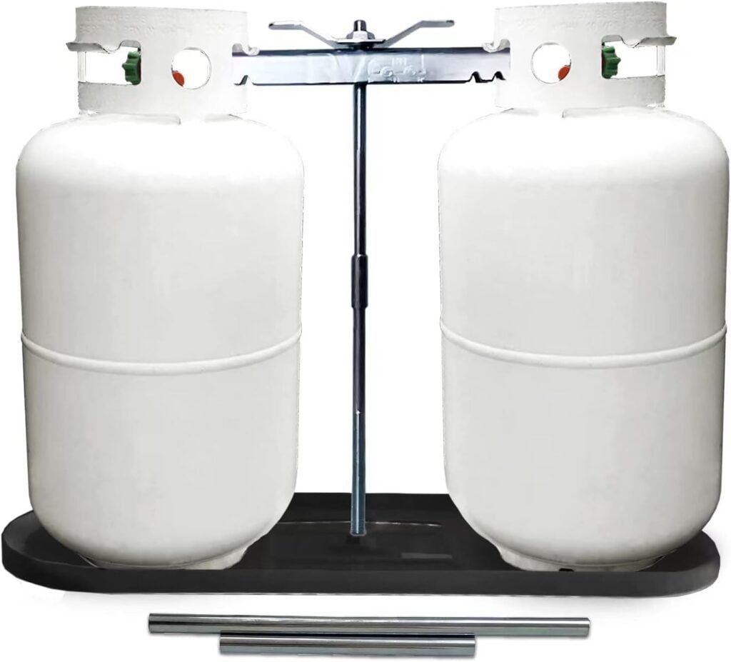 RV Dual Propane Tank Mounting Rack 40lb,30lb and 20ld Tanks for Camper and Travel Trailers with Different Connecting Pipes, Black, White, Grey or Red Options (Black) RV Dual Propane Tank Mounting Rack 40lb,30lb and 20ld Tanks for Camper and Travel Trailers with Different Connecting Pipes, Black, White, Grey or Red Options (Black)