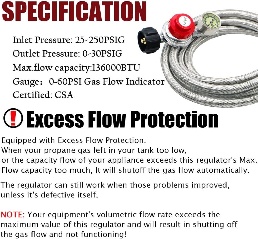 Upgraded 12 FT 0-30 PSI High Pressure Adjustable Propane Regulator with Gauge 0~60PSI Gas Flow Indicator, QCC1 x 3/8 Female Flare Fitting with 3/8 Flare x 1/8 MNPT, Stainless Braided Propane Hose