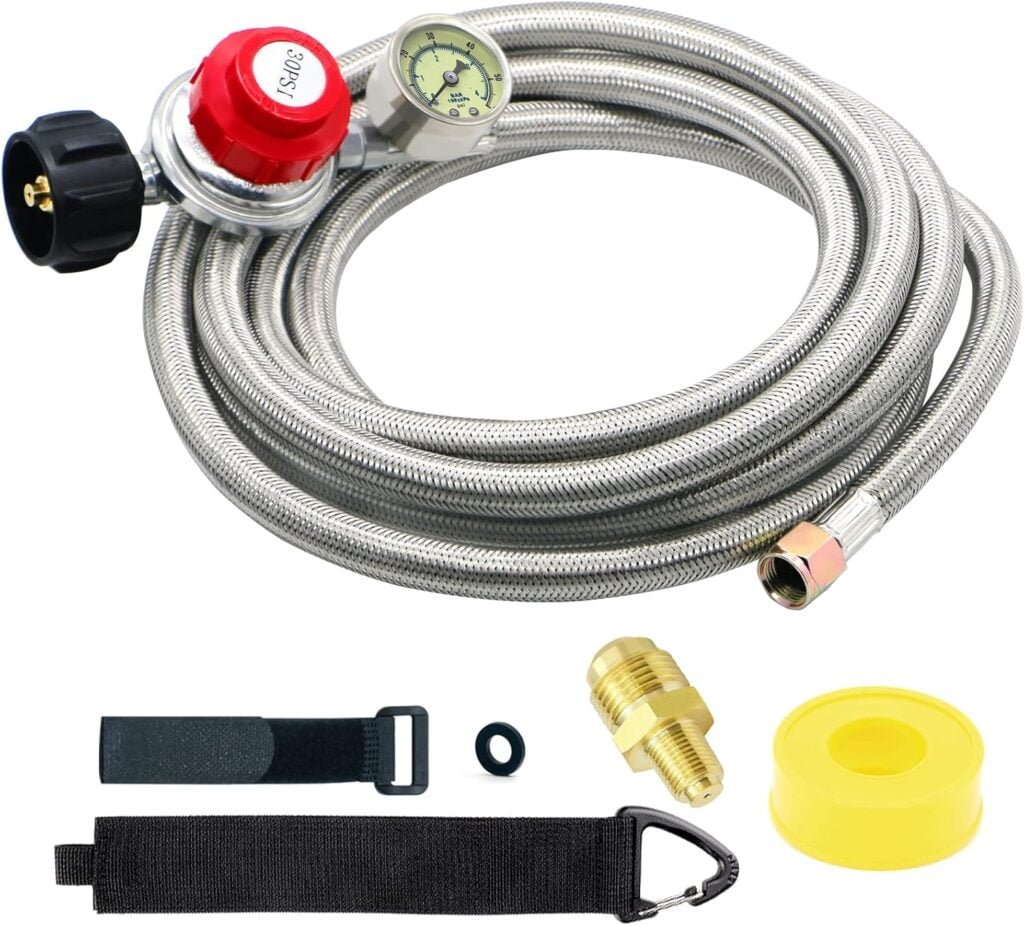 Upgraded 12 FT 0-30 PSI High Pressure Adjustable Propane Regulator with Gauge 0~60PSI Gas Flow Indicator, QCC1 x 3/8 Female Flare Fitting with 3/8 Flare x 1/8 MNPT, Stainless Braided Propane Hose