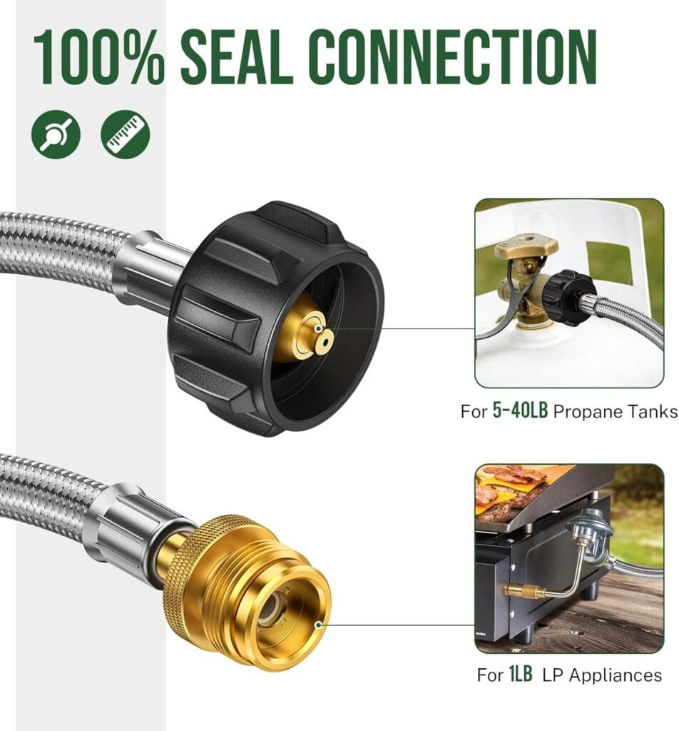 5FT Propane Hose Adapter 1lb to 20lb, Propane Adapter Hose, Propane Tank Hose Fit for Weber Q Grill/Black Stone Griddle/Coleman Camping Stove/Buddy Heater