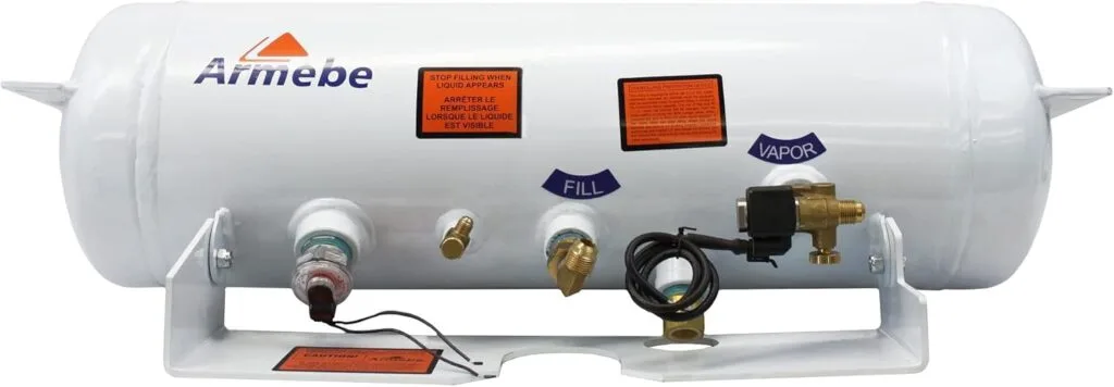 Flame King 5.9 Gallon ASME Horizontal Steel Propane Tank with Remote Fill and Bleeder Fittings, Pressure Relief Valve, and Solenoid Service Valve Flame King 5.9 Gallon ASME Horizontal Steel Propane Tank with Remote Fill and Bleeder Fittings, Pressure Relief Valve, and Solenoid Service Valve
