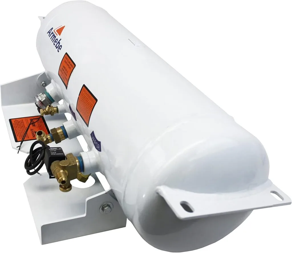 Flame King 5.9 Gallon ASME Horizontal Steel Propane Tank with Remote Fill and Bleeder Fittings, Pressure Relief Valve, and Solenoid Service Valve Flame King 5.9 Gallon ASME Horizontal Steel Propane Tank with Remote Fill and Bleeder Fittings, Pressure Relief Valve, and Solenoid Service Valve
