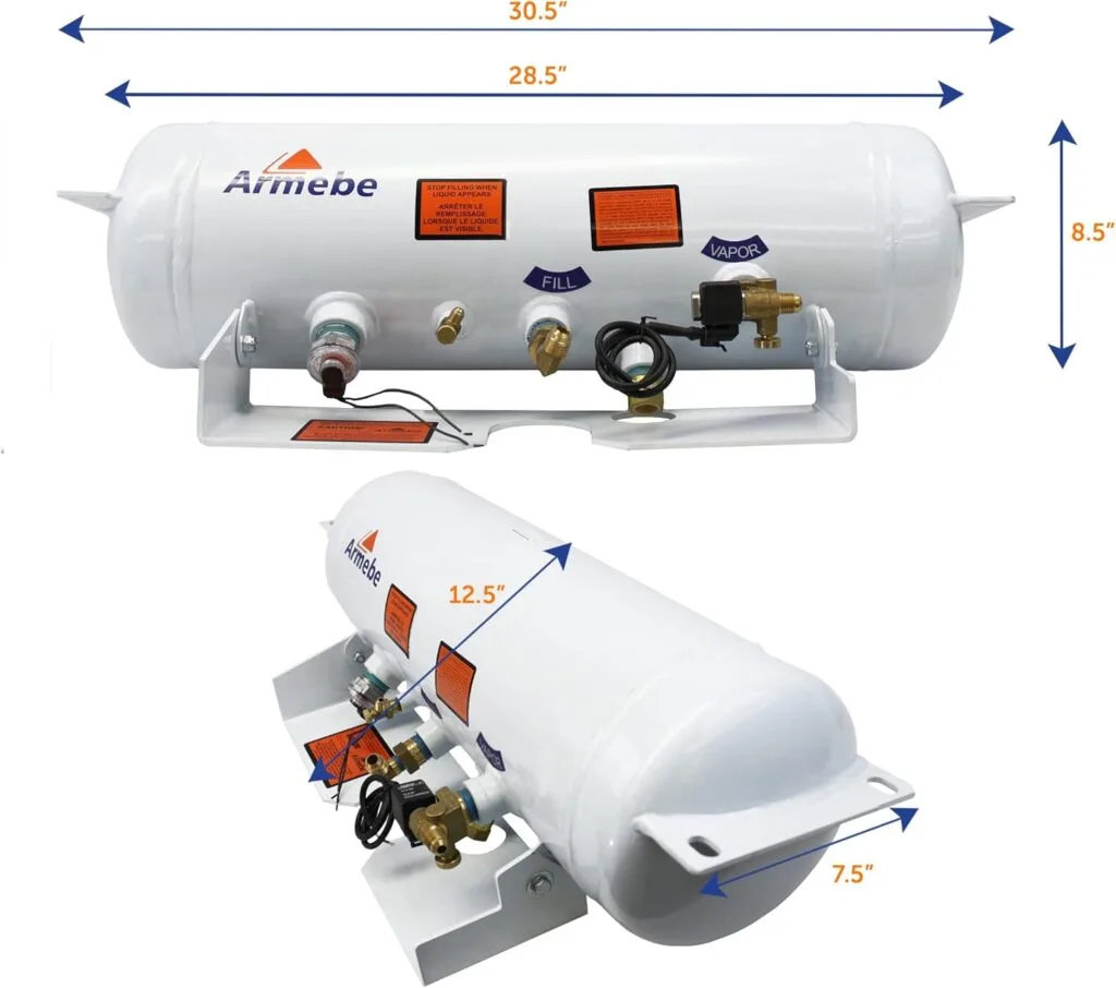 Flame King 5.9 Gallon ASME Horizontal Steel Propane Tank with Remote Fill and Bleeder Fittings, Pressure Relief Valve, and Solenoid Service Valve Flame King 5.9 Gallon ASME Horizontal Steel Propane Tank with Remote Fill and Bleeder Fittings, Pressure Relief Valve, and Solenoid Service Valve