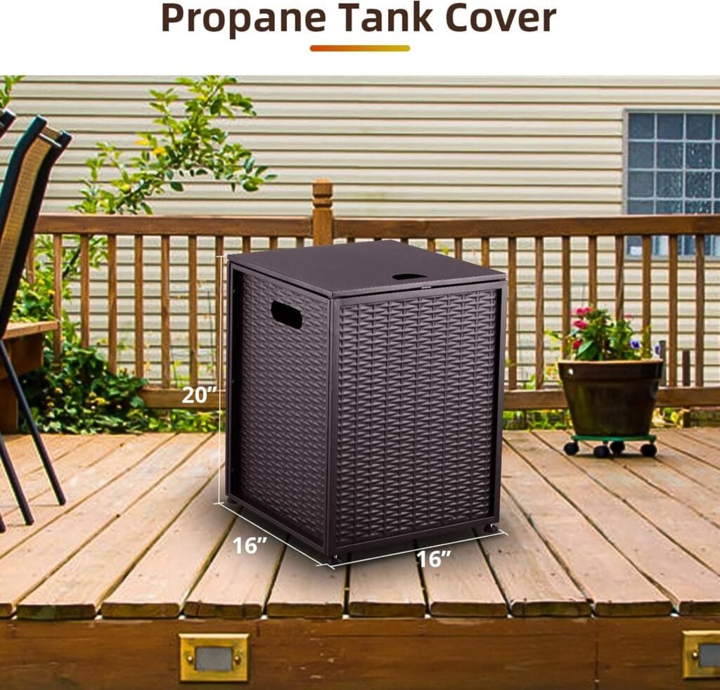 Propane Tank Cover Table, Storage for 20 lbs Propane Tank, 16-Inch Hideaway Table with Side Handles, for Gas Fire Pits - Brown Propane Tank Cover Table, Storage for 20 lbs Propane Tank, 16-Inch Hideaway Table with Side Handles, for Gas Fire Pits - Brown