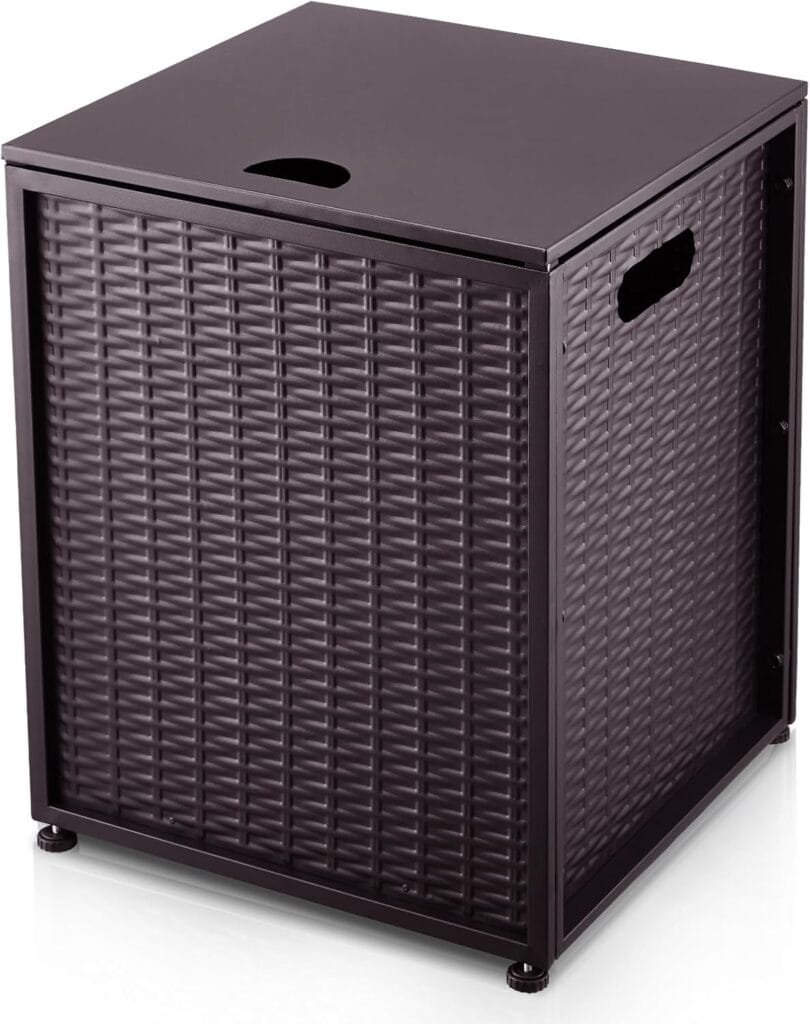 Propane Tank Cover Table, Storage for 20 lbs Propane Tank, 16-Inch Hideaway Table with Side Handles, for Gas Fire Pits - Brown Propane Tank Cover Table, Storage for 20 lbs Propane Tank, 16-Inch Hideaway Table with Side Handles, for Gas Fire Pits - Brown