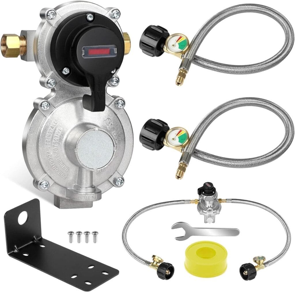2-Stage Automatic Changeover LP Propane Gas Regulator with Two 18 RV Pigtail Propane Hoses with Gauge, Stainless Braided QCC1 1/4 Inverted Male Flare 2-Stage Automatic Changeover LP Propane Gas Regulator with Two 18 RV Pigtail Propane Hoses with Gauge, Stainless Braided QCC1 1/4 Inverted Male Flare