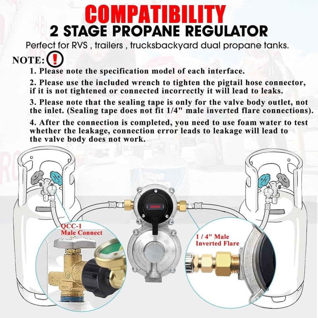2-Stage Automatic Changeover LP Propane Gas Regulator with Two 18 RV Pigtail Propane Hoses with Gauge, Stainless Braided QCC1 1/4 Inverted Male Flare 2-Stage Automatic Changeover LP Propane Gas Regulator with Two 18 RV Pigtail Propane Hoses with Gauge, Stainless Braided QCC1 1/4 Inverted Male Flare