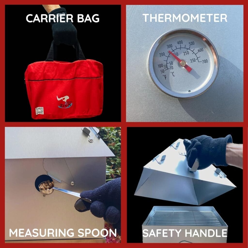 Foldable  Portable Vertical Pellet Smoker - 19.7” Meat Smoker for BBQ Grill, Outdoor Cooking, Camping  RV - Easy to transport and storage - Includes Carrier Bag, Spoon  Thermometer – EasyGoSmoker