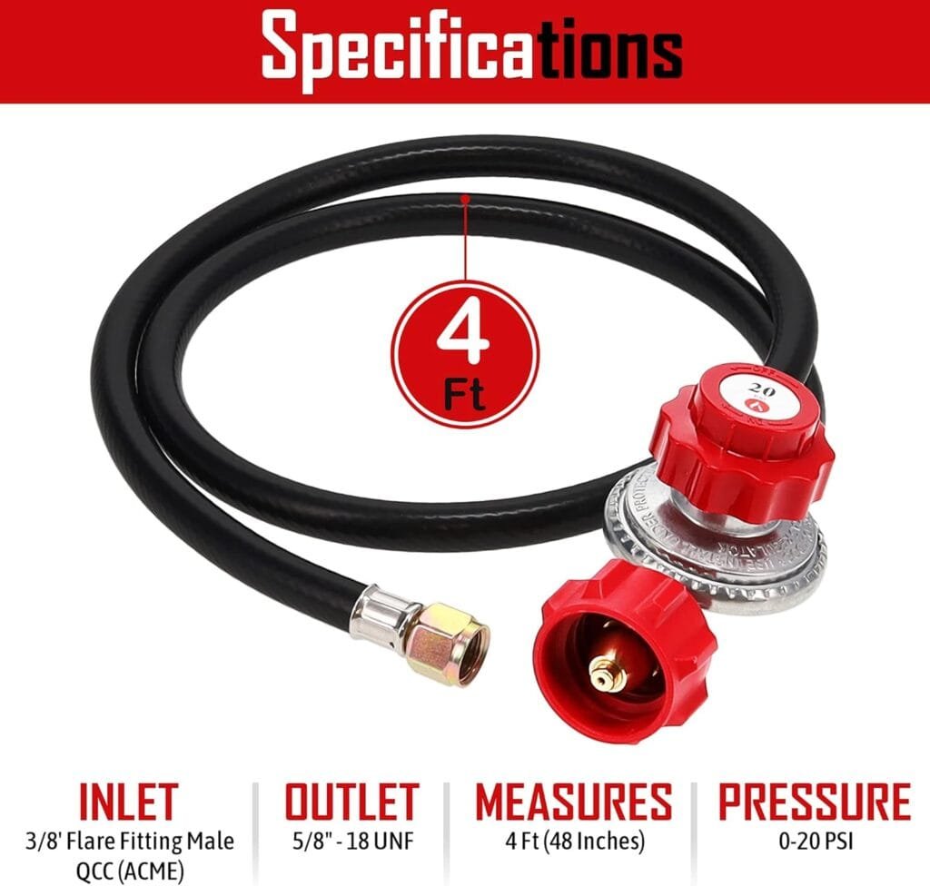 GASONE Propane Regulator - With Propane Brass Orifice 4 ft High Pressure Propane 0-20 PSI Adjustable Propane Regulator with hose QCC-1 type - Works With any U.S. Propane Tanks Red
