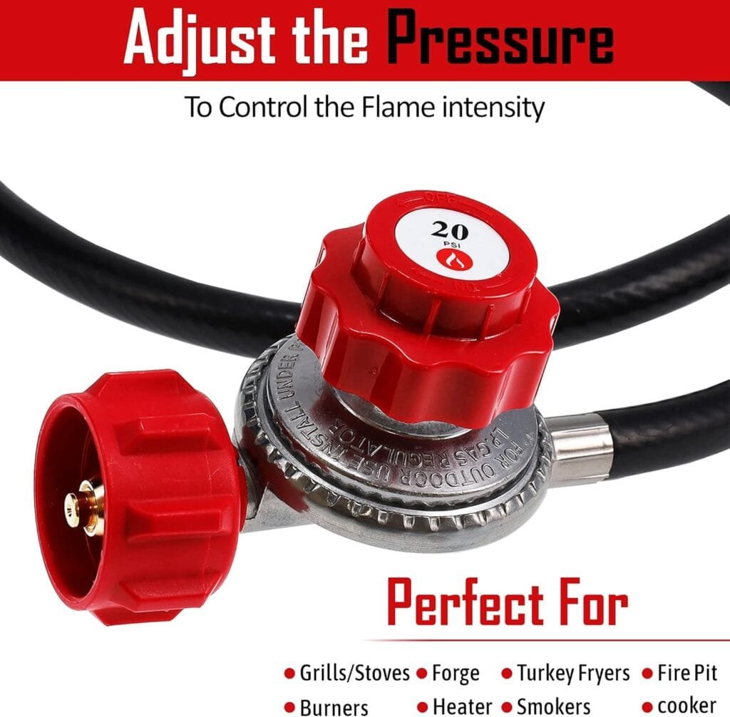 GASONE Propane Regulator - With Propane Brass Orifice 4 ft High Pressure Propane 0-20 PSI Adjustable Propane Regulator with hose QCC-1 type - Works With any U.S. Propane Tanks Red