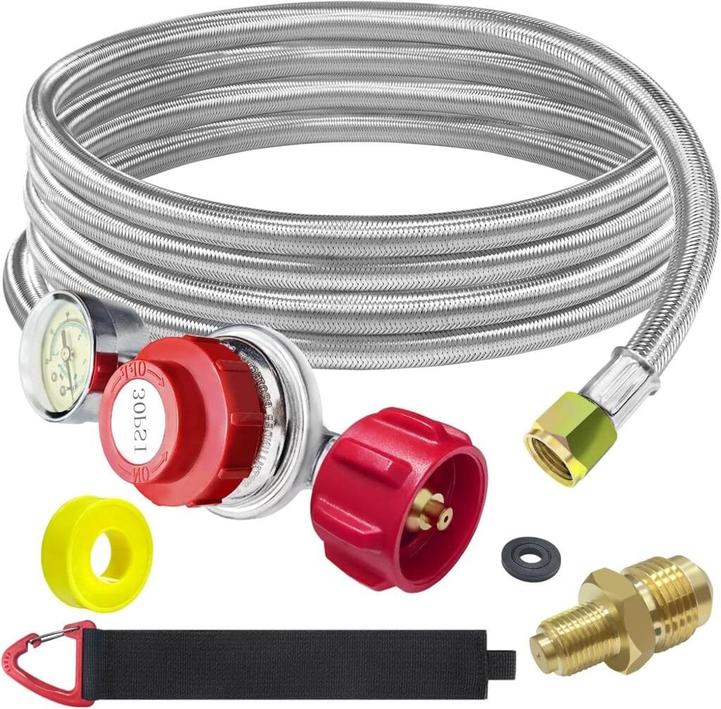 12 FT Propane Hose with Regulator for Propane Tank, 0-30PSI Adjustable High Pressure Propane Regulator with Gauge