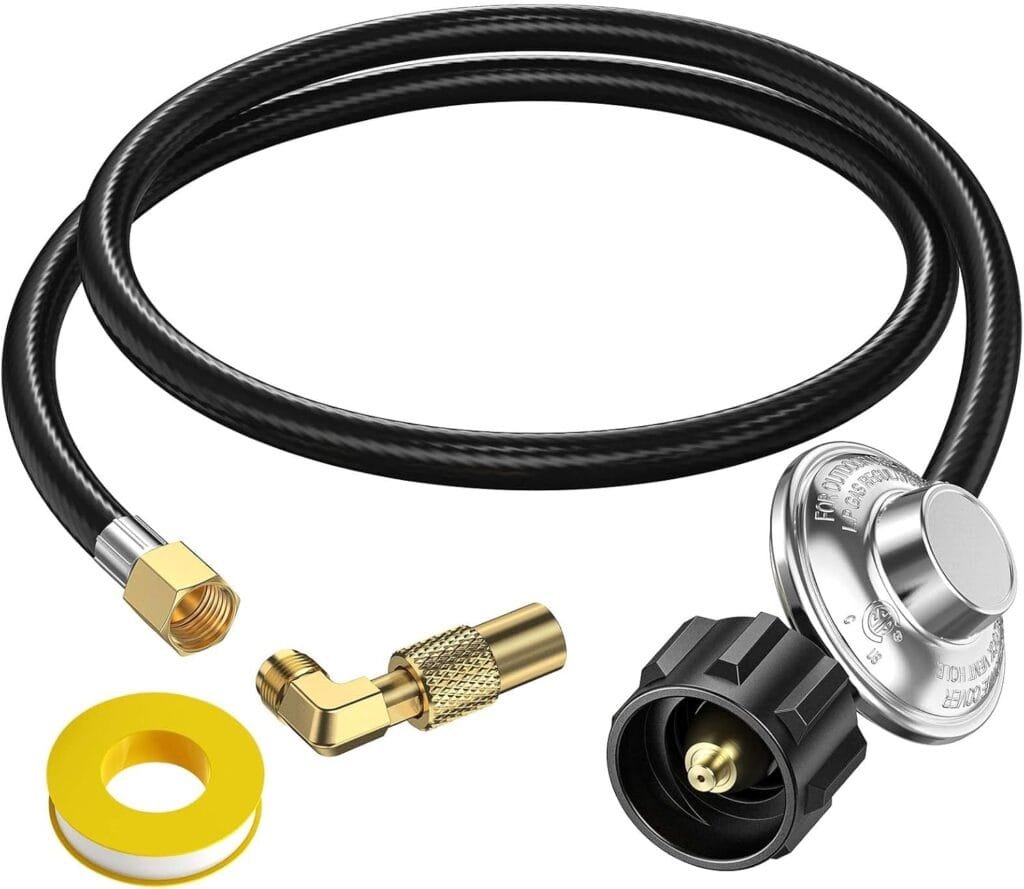 5ft Propane Hose with Regulator for Propane Fire Pit, Patio Heater, Gas Grill,Stove, 3/8 Inch Female Flare,with Elbow Adapter for Blackstone Griddle 17/22/28/36, Regulator for 5-40 lb Tank 5ft Propane Hose with Regulator for Propane Fire Pit, Patio Heater, Gas Grill,Stove, 3/8 Inch Female Flare,with Elbow Adapter for Blackstone Griddle 17/22/28/36, Regulator for 5-40 lb Tank