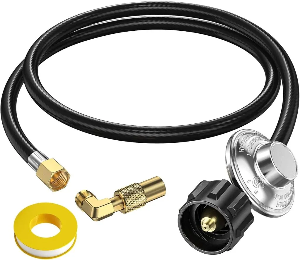 5ft Propane Hose with Regulator for Propane Fire Pit, Patio Heater, Gas Grill,Stove, 3/8 Inch Female Flare,with Elbow Adapter for Blackstone Griddle 17/22/28/36, Regulator for 5-40 lb Tank