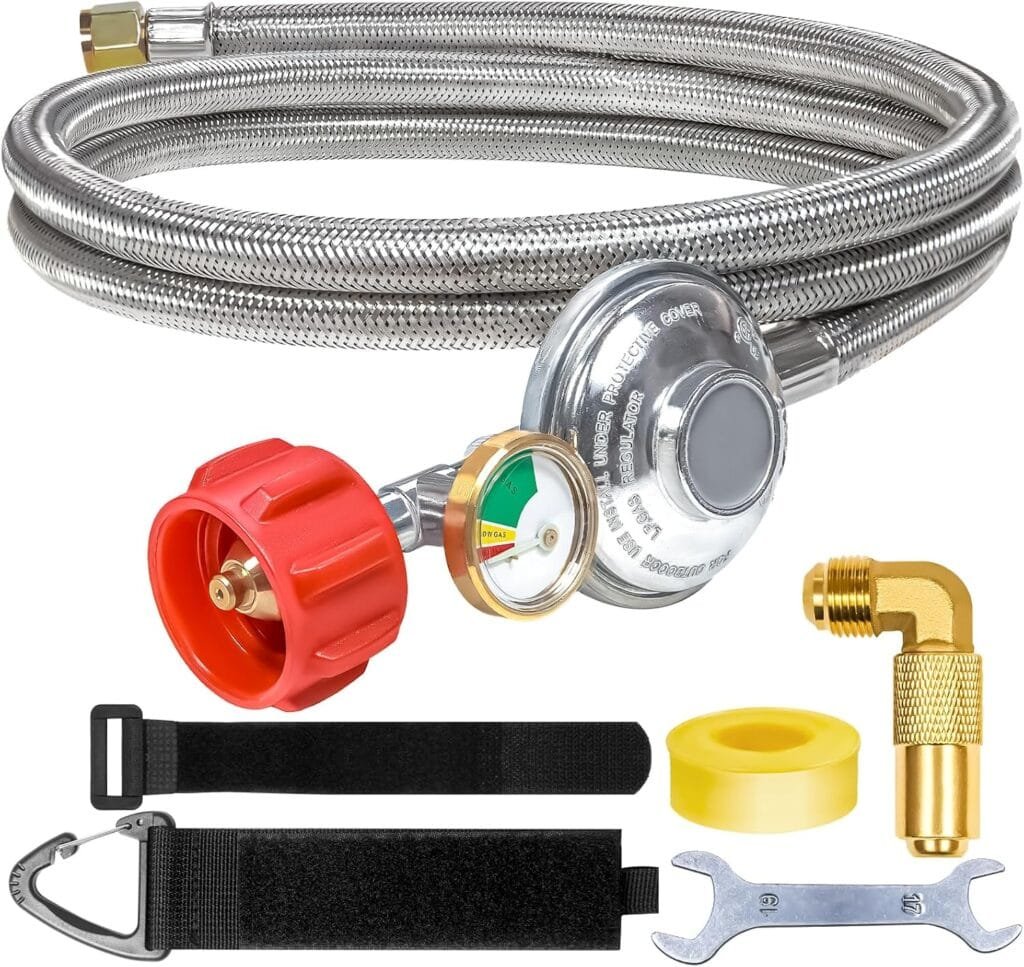 6Ft Stainless Braided Propane Regulator Hose with Gauge，QCC1 Low Pressure Propane Tank Extension Hose for 20lb Tank with Elbow Adapter for Blackstone Grill,Most LP Gas Grill,Heater Fire Pit Table