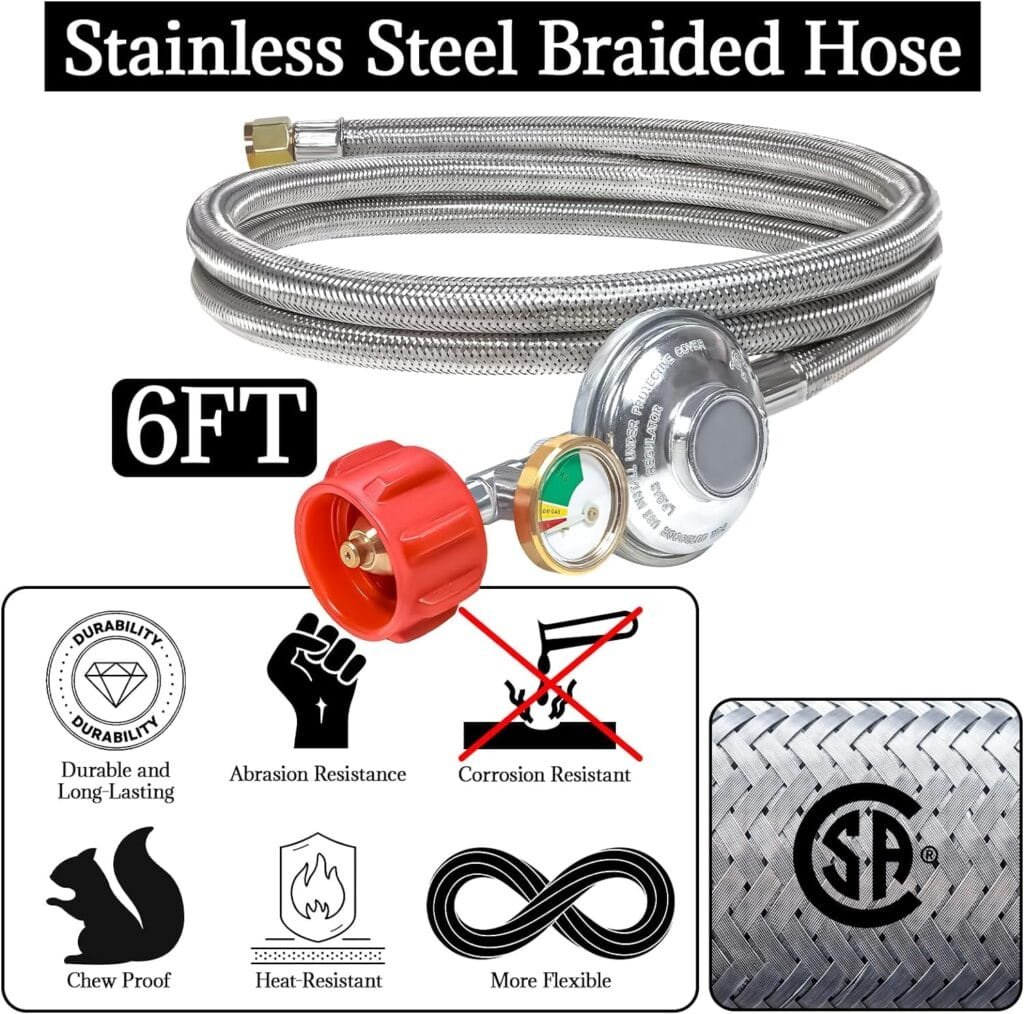 6Ft Stainless Braided Propane Regulator Hose with Gauge，QCC1 Low Pressure Propane Tank Extension Hose for 20lb Tank with Elbow Adapter for Blackstone Grill,Most LP Gas Grill,Heater Fire Pit Table