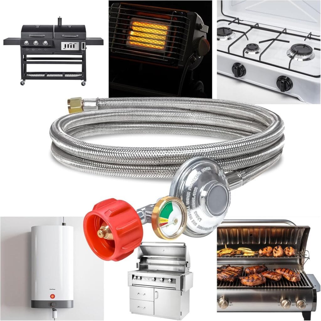 6Ft Stainless Braided Propane Regulator Hose with Gauge，QCC1 Low Pressure Propane Tank Extension Hose for 20lb Tank with Elbow Adapter for Blackstone Grill,Most LP Gas Grill,Heater Fire Pit Table