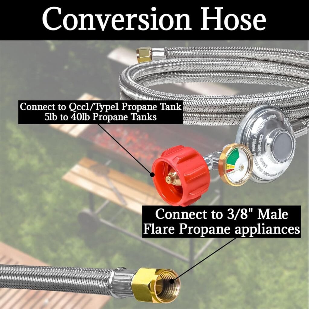 6Ft Stainless Braided Propane Regulator Hose with Gauge，QCC1 Low Pressure Propane Tank Extension Hose for 20lb Tank with Elbow Adapter for Blackstone Grill,Most LP Gas Grill,Heater Fire Pit Table