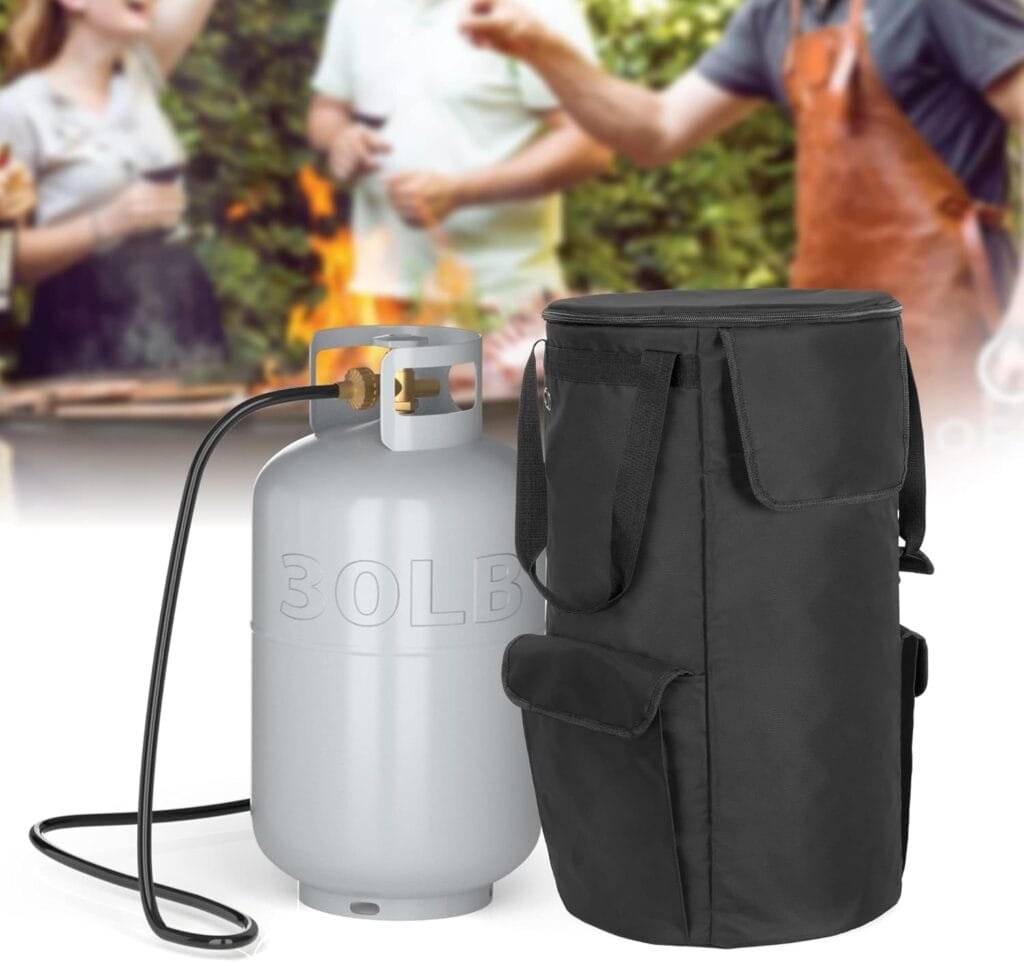 SAMDEW Propane Tank Cover, 20 lb Propane Gas Tank Bag with Side Flip Flap and Stable Tabletop Feature, 2 Storage Pockets, Ventilated with 4 Holes, Water Wear Resistant, Black, Bag Only SAMDEW Propane Tank Cover, 20 lb Propane Gas Tank Bag with Side Flip Flap and Stable Tabletop Feature, 2 Storage Pockets, Ventilated with 4 Holes, Water Wear Resistant, Black, Bag Only