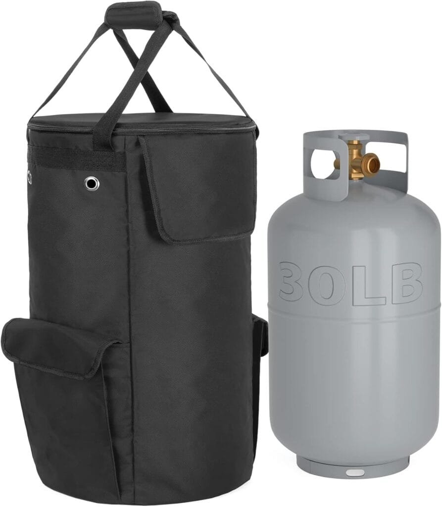 SAMDEW Propane Tank Cover, 20 lb Propane Gas Tank Bag with Side Flip Flap and Stable Tabletop Feature, 2 Storage Pockets, Ventilated with 4 Holes, Water Wear Resistant, Black, Bag Only SAMDEW Propane Tank Cover, 20 lb Propane Gas Tank Bag with Side Flip Flap and Stable Tabletop Feature, 2 Storage Pockets, Ventilated with 4 Holes, Water Wear Resistant, Black, Bag Only