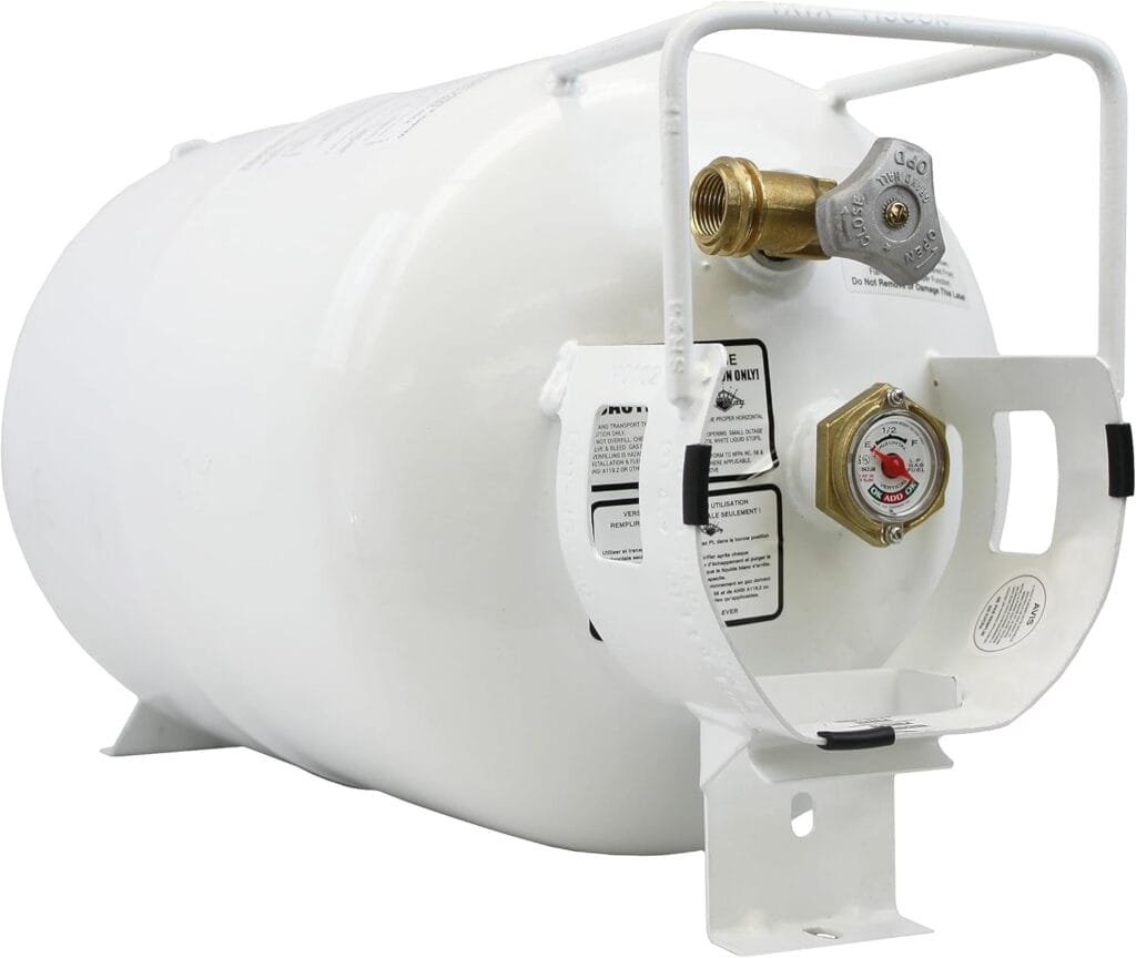 Flame King YSN201HZL 20-LB Steel Horizontal Propane Tank Cylinder for Fire Pits and Tables, Patio Heaters, Barbeques, RVs, and Truck Campers, White Flame King YSN201HZL 20-LB Steel Horizontal Propane Tank Cylinder for Fire Pits and Tables, Patio Heaters, Barbeques, RVs, and Truck Campers, White