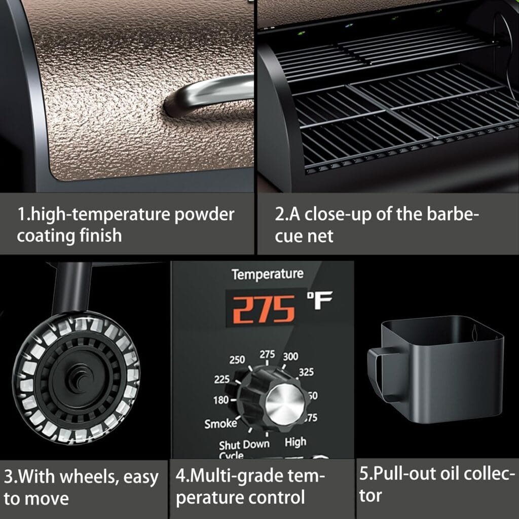 KingChii 456 SQ.IN Pellet Grill Smoker with Side Shelf, BBQ Grill with PID Temperature Control for Outdoor Cooking, BBQ Camping and Patio, Brown