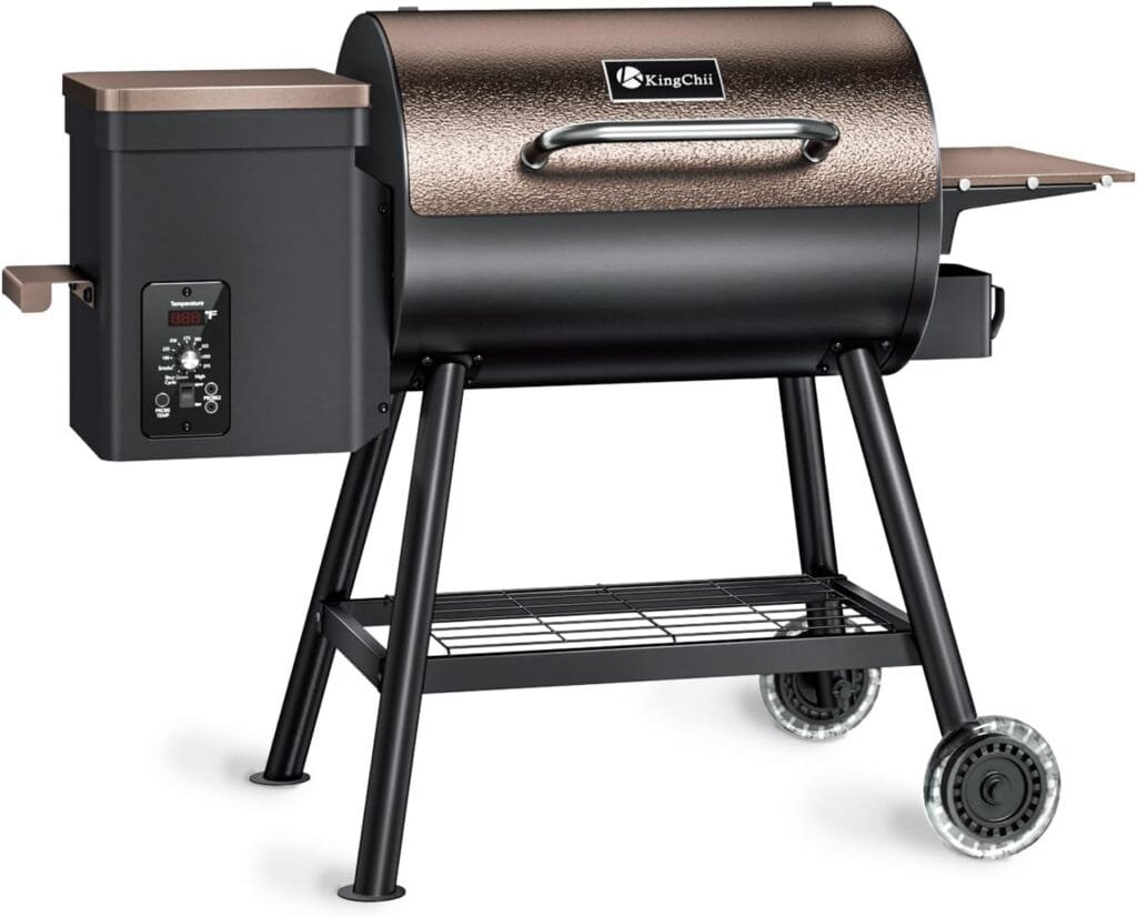 KingChii 456 SQ.IN Pellet Grill Smoker with Side Shelf, BBQ Grill with PID Temperature Control for Outdoor Cooking, BBQ Camping and Patio, Brown