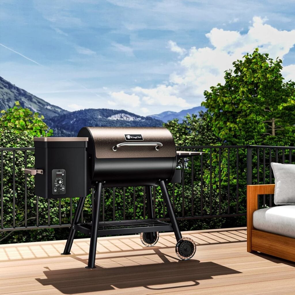 KingChii 456 SQ.IN Pellet Grill Smoker with Side Shelf, BBQ Grill with PID Temperature Control for Outdoor Cooking, BBQ Camping and Patio, Brown