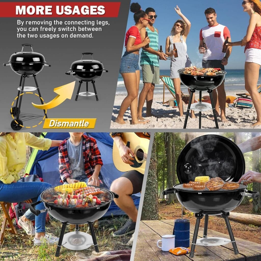 18” Kettle Charcoal Grill  Chimney Starter, Joyfair Barbecue Grill Smoker for Outdoor Grilling Cooking Smoking, Heavy Duty BBQ Grill with Enamel Coated  Dual Vent System, Charcoal Starter with Clamp