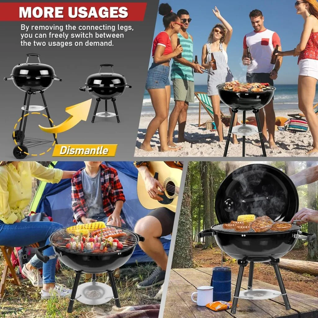 18” Kettle Charcoal Grill  Chimney Starter, Joyfair Barbecue Grill Smoker for Outdoor Grilling Cooking Smoking, Heavy Duty BBQ Grill with Enamel Coated  Dual Vent System, Charcoal Starter with Clamp