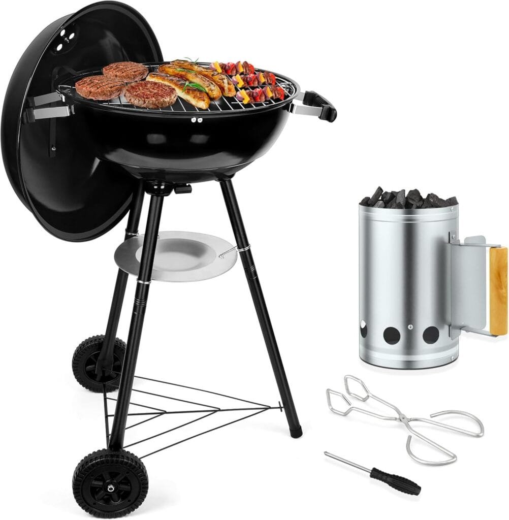 18” Kettle Charcoal Grill  Chimney Starter, Joyfair Barbecue Grill Smoker for Outdoor Grilling Cooking Smoking, Heavy Duty BBQ Grill with Enamel Coated  Dual Vent System, Charcoal Starter with Clamp