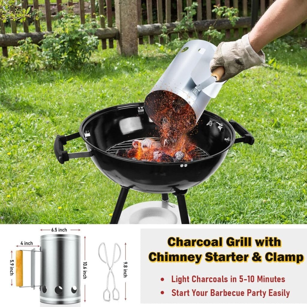 18” Kettle Charcoal Grill  Chimney Starter, Joyfair Barbecue Grill Smoker for Outdoor Grilling Cooking Smoking, Heavy Duty BBQ Grill with Enamel Coated  Dual Vent System, Charcoal Starter with Clamp