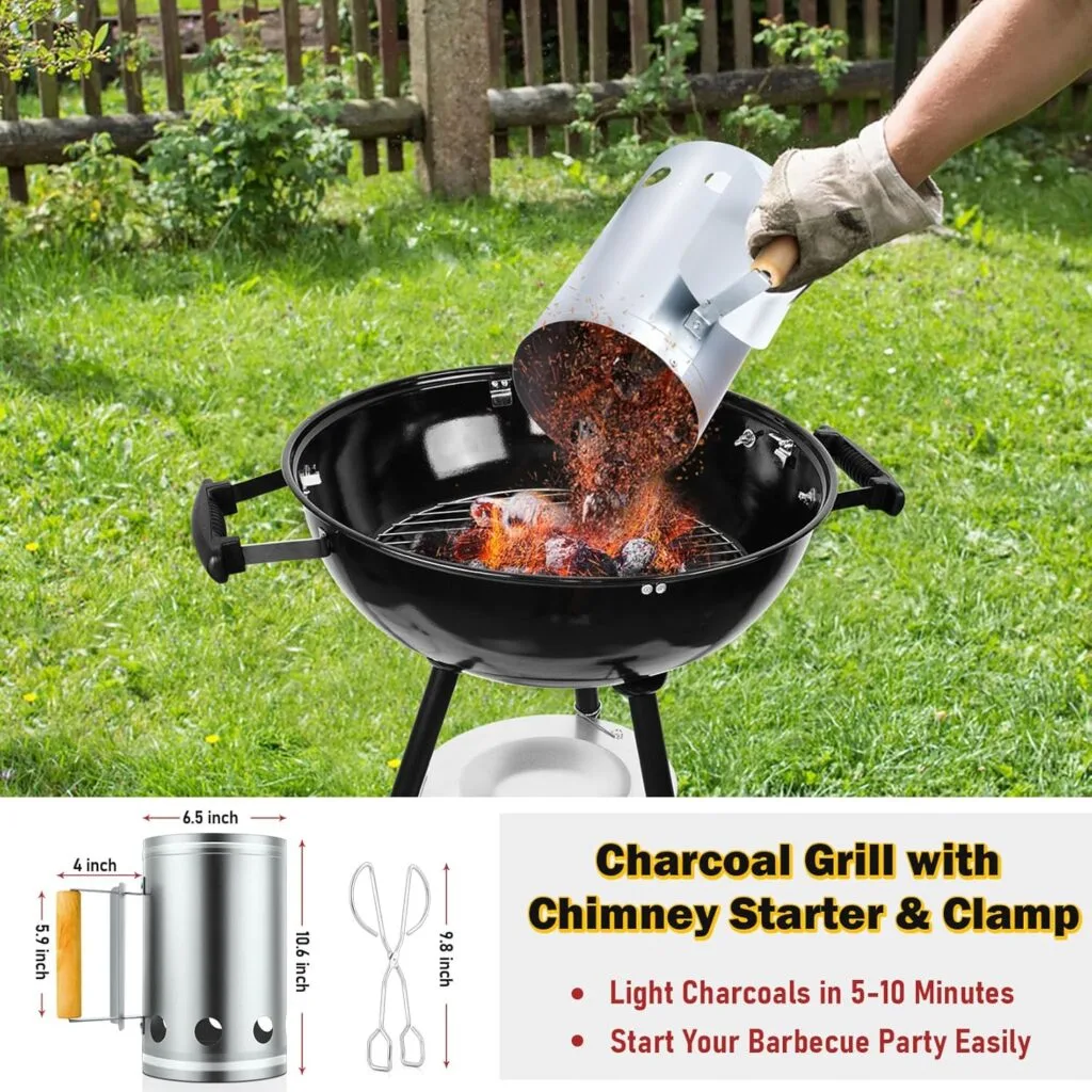 18” Kettle Charcoal Grill  Chimney Starter, Joyfair Barbecue Grill Smoker for Outdoor Grilling Cooking Smoking, Heavy Duty BBQ Grill with Enamel Coated  Dual Vent System, Charcoal Starter with Clamp