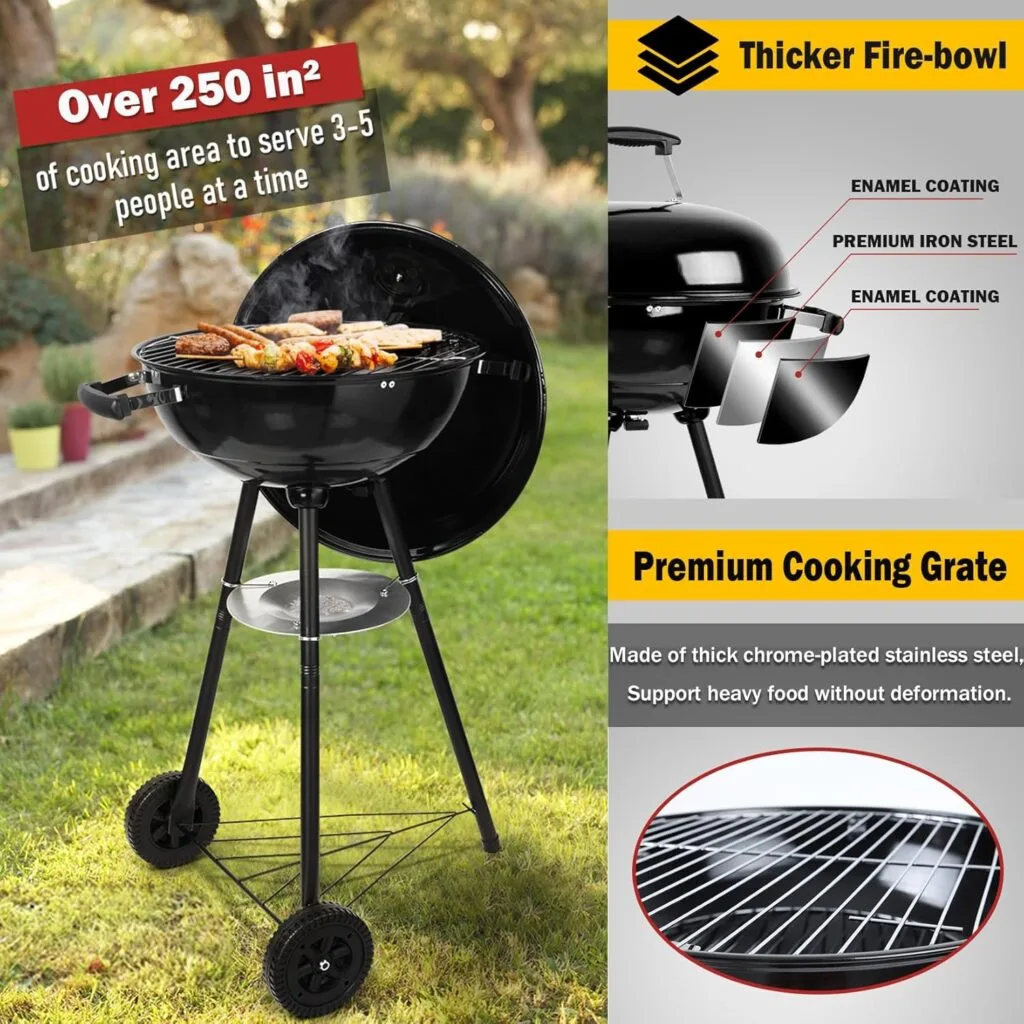 18” Kettle Charcoal Grill  Chimney Starter, Joyfair Barbecue Grill Smoker for Outdoor Grilling Cooking Smoking, Heavy Duty BBQ Grill with Enamel Coated  Dual Vent System, Charcoal Starter with Clamp