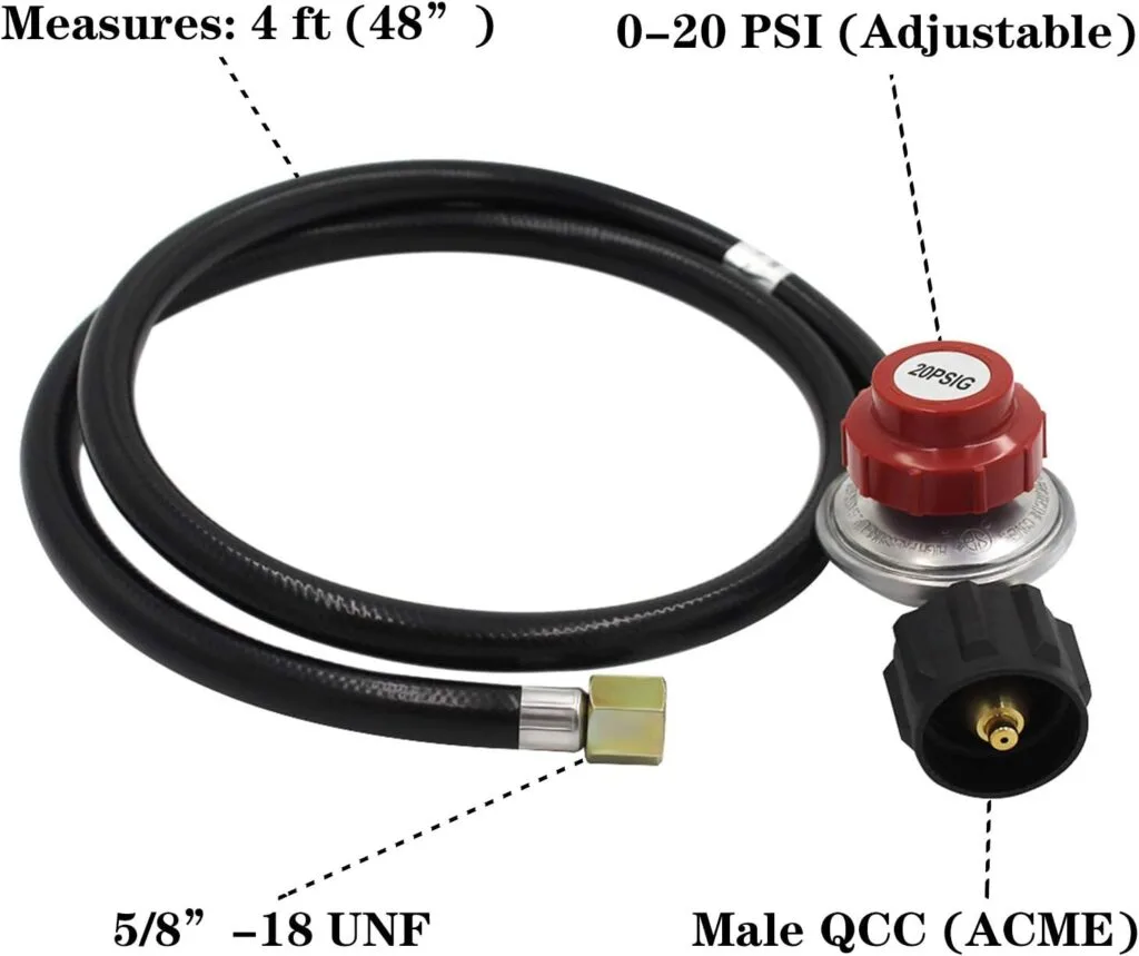 MCAMPAS 0-20 Psi Adjustable Propane Regulator with Hose. 4 FT Propane Hose Adapter with Brass Orifice 1/8 MNPT Fitting Fit for Turkey Fryer, Fish Cooker, Gas Burner MCAMPAS 0-20 Psi Adjustable Propane Regulator with Hose. 4 FT Propane Hose Adapter with Brass Orifice 1/8 MNPT Fitting Fit for Turkey Fryer, Fish Cooker, Gas Burner