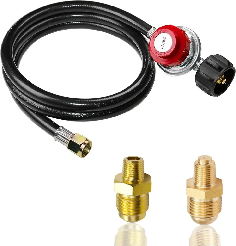 MCAMPAS 0-20 Psi Adjustable Propane Regulator with Hose. 4 FT Propane Hose Adapter with Brass Orifice 1/8 MNPT Fitting Fit for Turkey Fryer, Fish Cooker, Gas Burner MCAMPAS 0-20 Psi Adjustable Propane Regulator with Hose. 4 FT Propane Hose Adapter with Brass Orifice 1/8 MNPT Fitting Fit for Turkey Fryer, Fish Cooker, Gas Burner