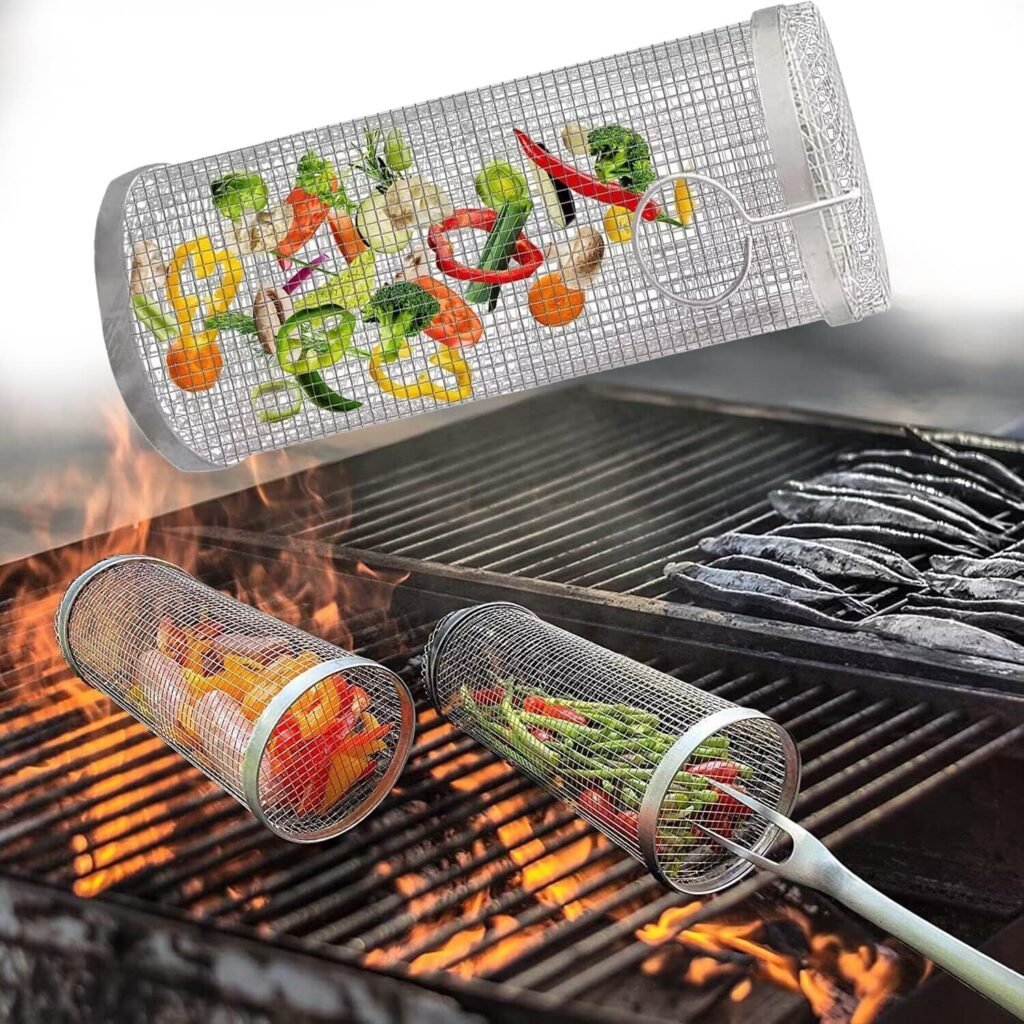Rolling Grill Basket with Food-Grade Stainless Steel and Two Washing Methods,Durable and Reusable for Convenient Grilling and Food Storage,Perfect for BBQ Recipes, Picnics, Fish, and More (1 Piece)
