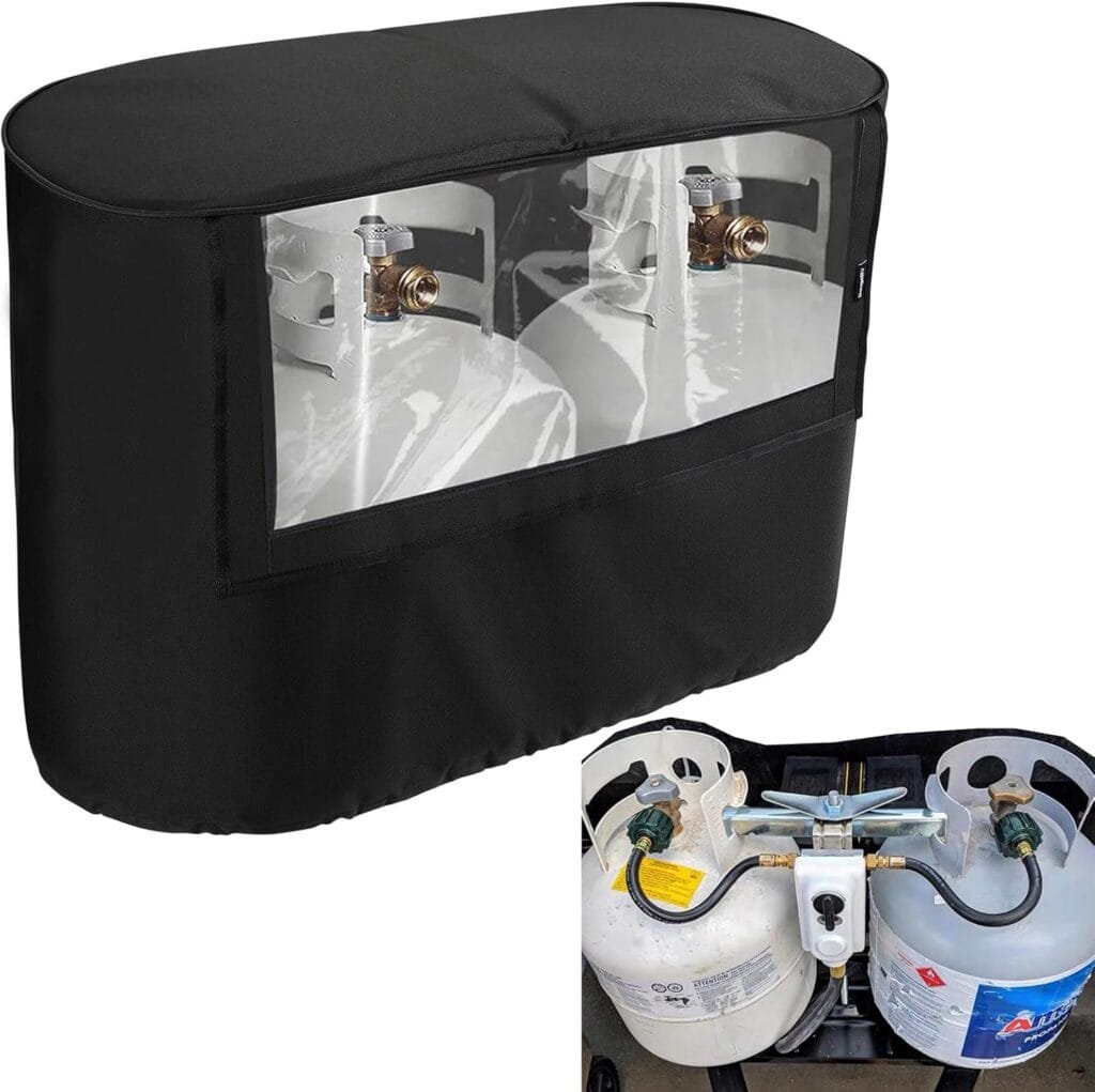 RV Trailer Propane Tank Cover, Visible for Valve, Compatible with Dual 30LB Tanks, Anti-Rust, Waterproof 600D Oxford Replacement Covers for Trailer/Camper, RV Parts  Accessories (30LB)