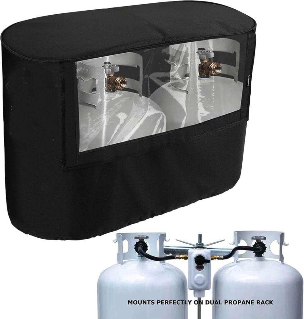 RV Trailer Propane Tank Cover, Visible for Valve, Compatible with Dual 30LB Tanks, Anti-Rust, Waterproof 600D Oxford Replacement Covers for Trailer/Camper, RV Parts  Accessories (30LB)